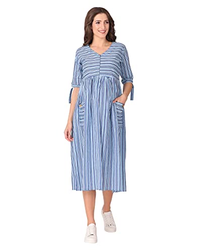 Cotton Striped Maternity Midi Dress with Front Zip — Blue