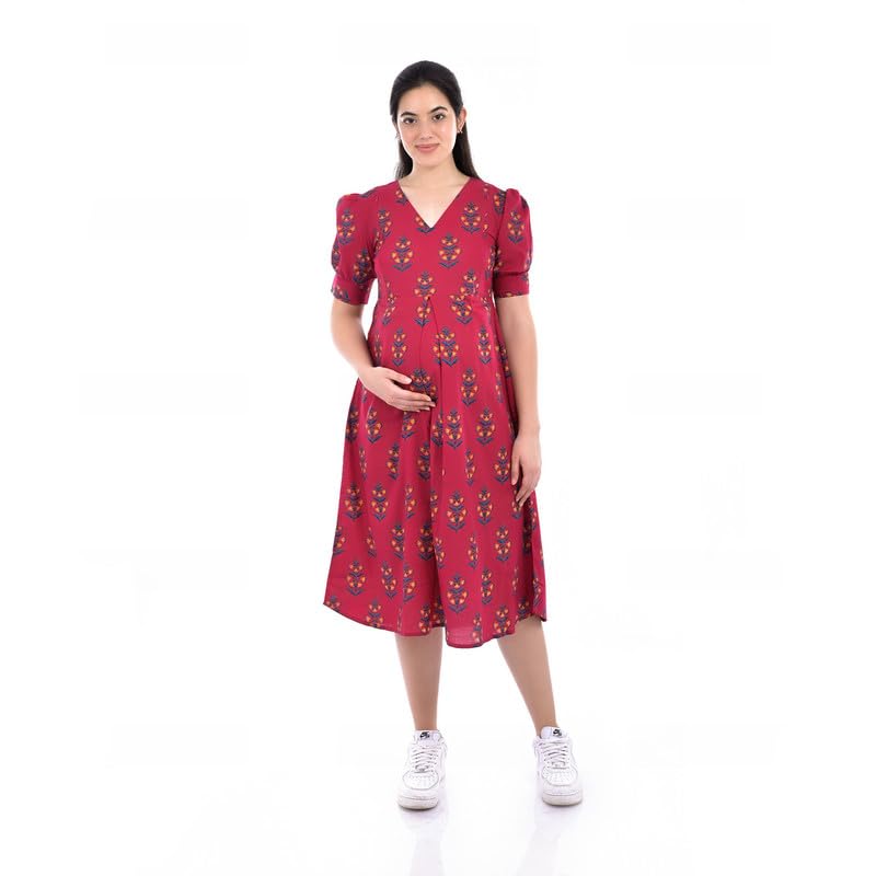 Red Floral Midi Maternity Dress with Double Zip