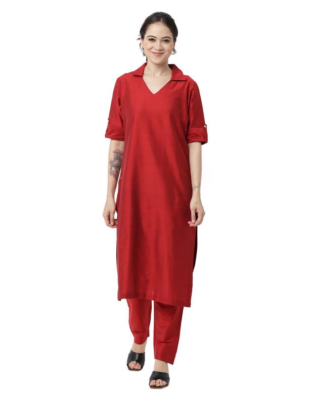 Maroon Cotton Silk Kurta Set with Pants
