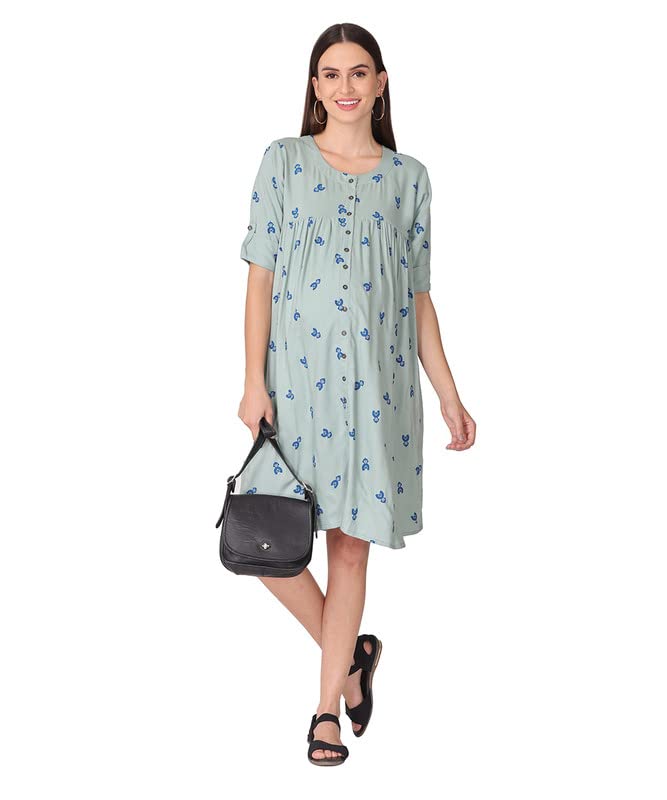 Rayon Printed Maternity Feeding Dress with Centre Placket — Green