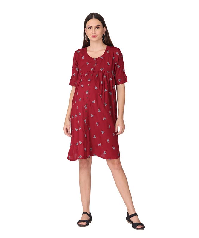 Rayon Printed Maternity Feeding Dress with Centre Placket