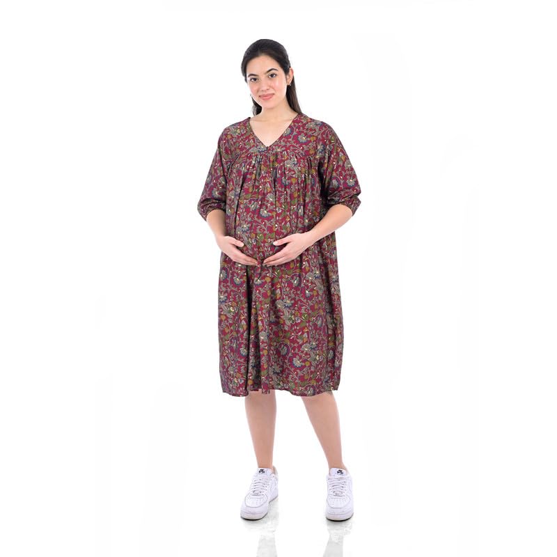 Maroon Muslin A-Line Maternity Midi Dress