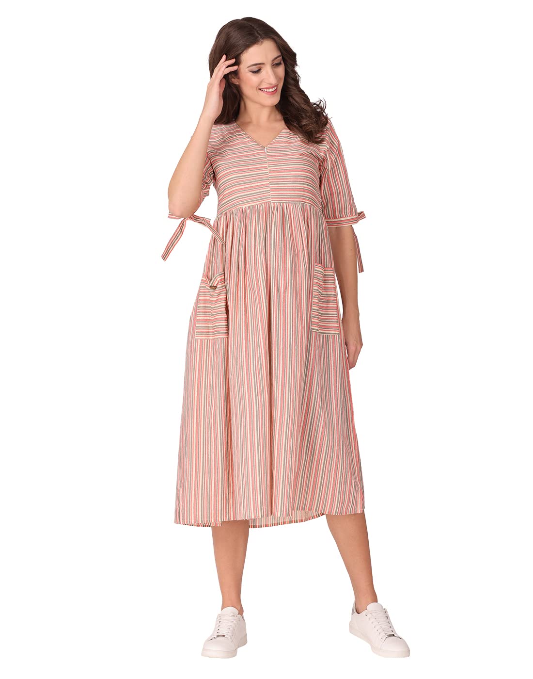 Cotton Striped Maternity Midi Dress with Front Zip