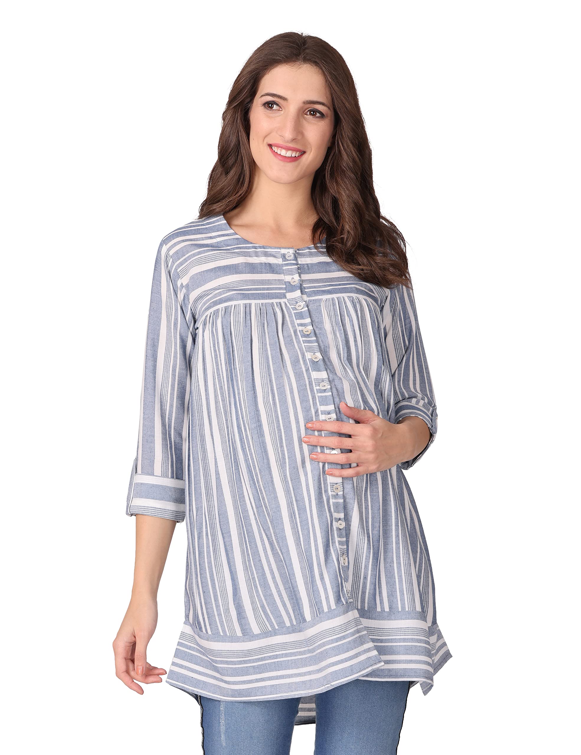 Rayon Striped Maternity Top with Front Button — Light Blue