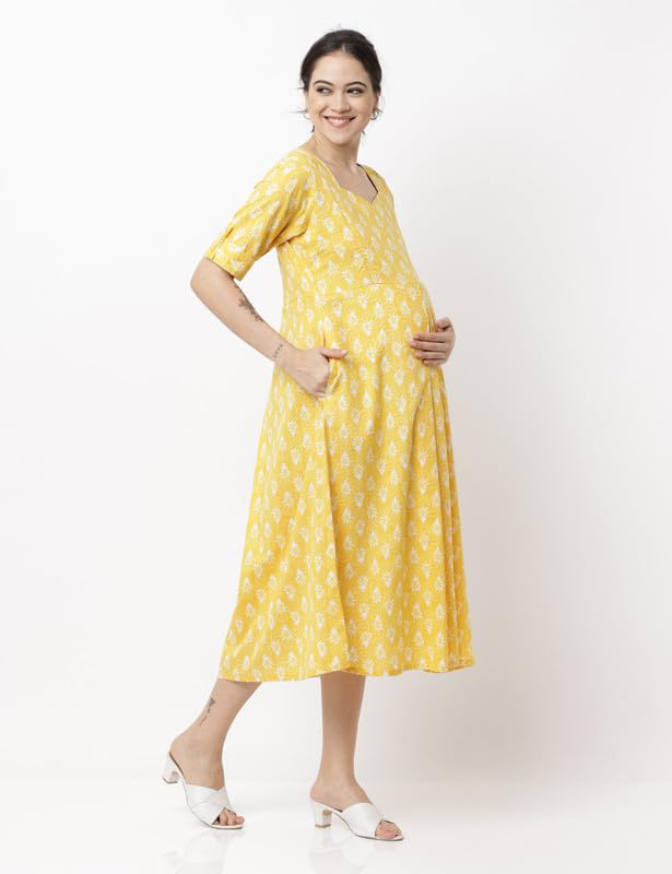 Printed V-Neck Maternity Midi Dress