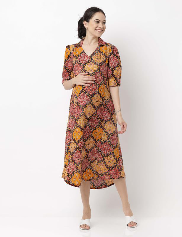Printed Collar-Neck Maternity Midi Dress