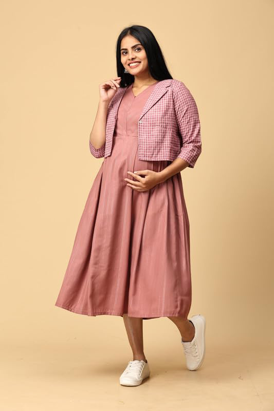 Maternity Dress with Checkered Shrug