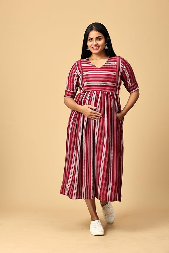 Striped V-Neck Maternity Midi Dress